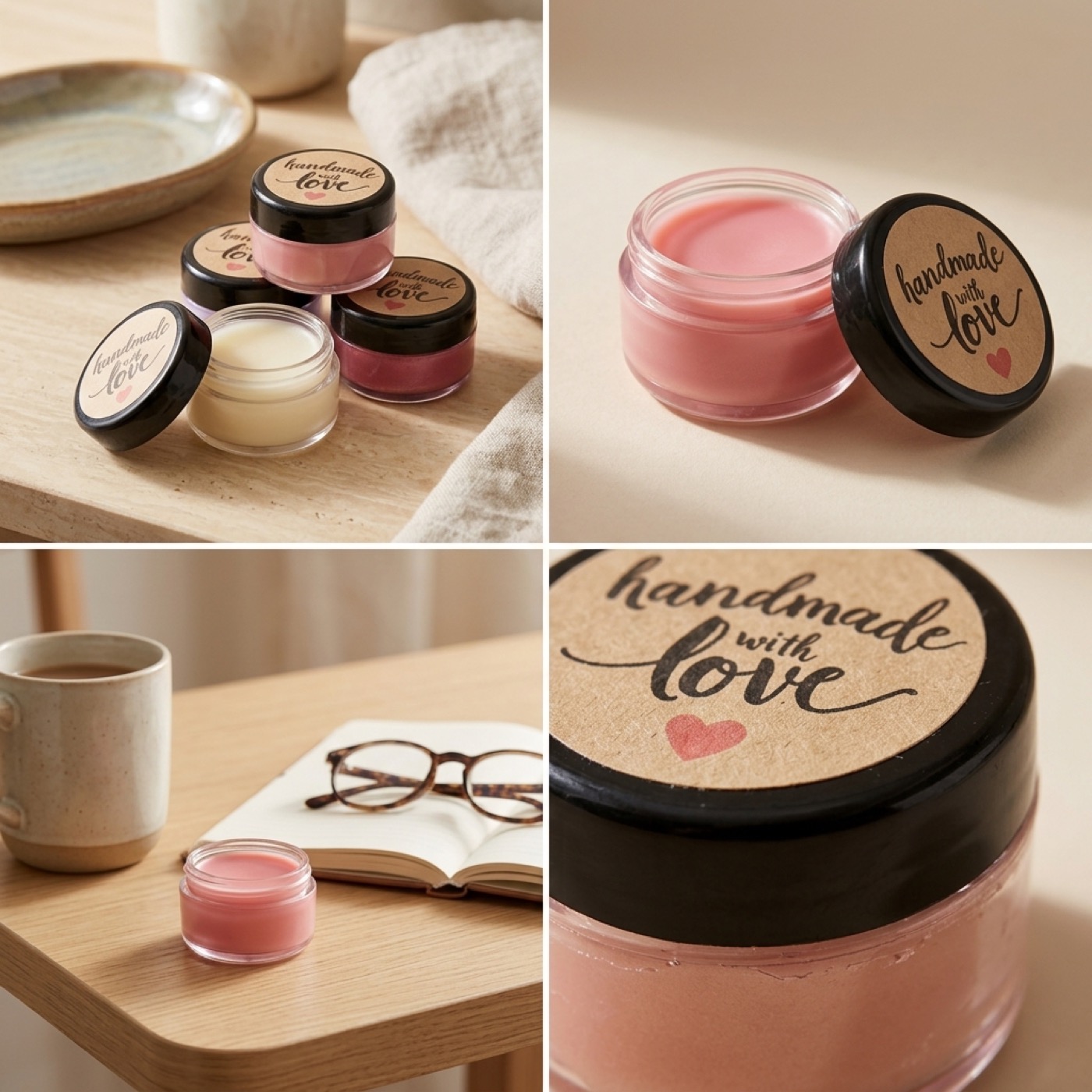 Mia Luxe handmade lip balm pots in daily settings