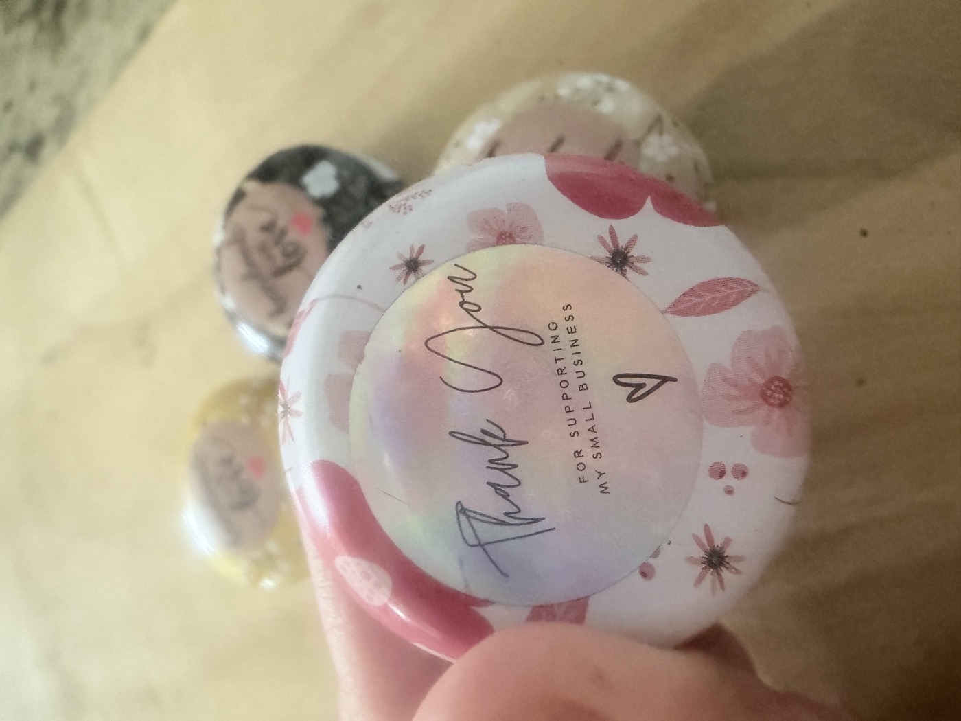 Mia Luxe handmade lip balm pot with floral thank you label