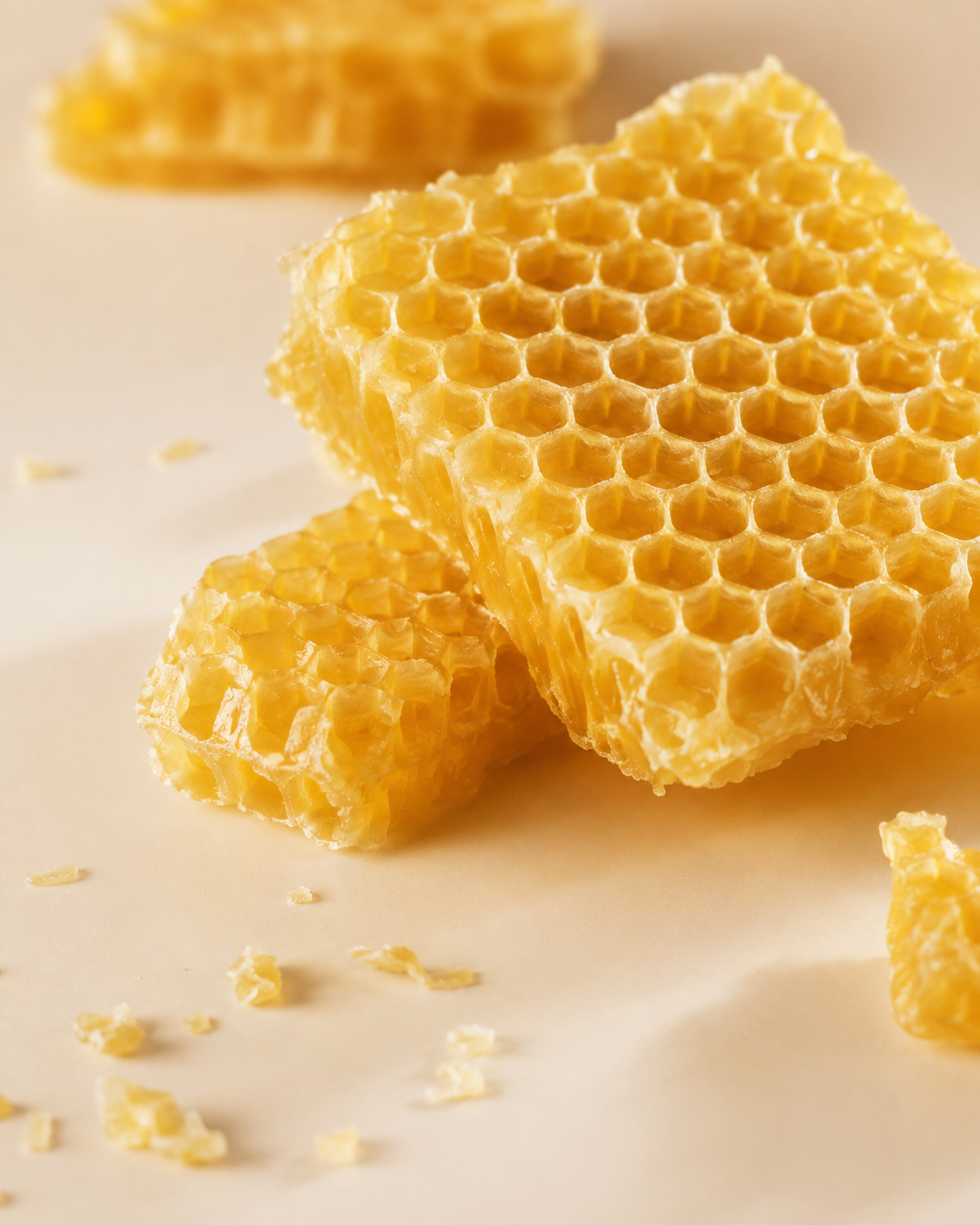 Golden pieces of natural honeycomb beeswax