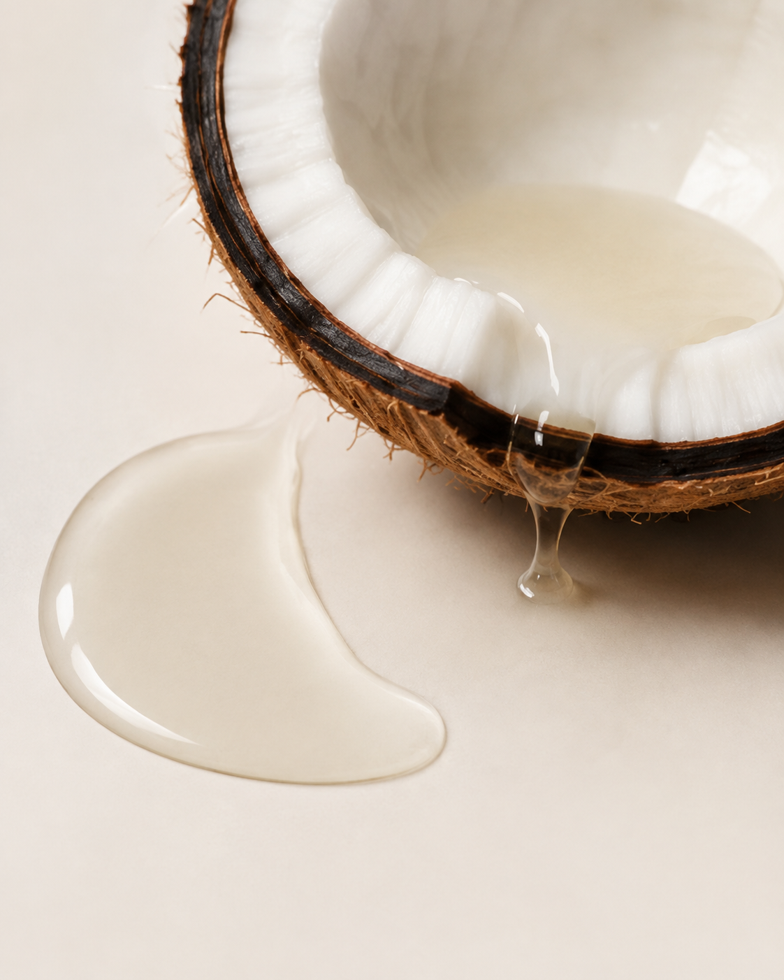Coconut oil flowing from a freshly opened coconut