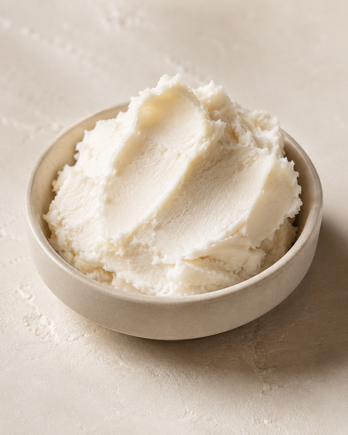 Creamy shea butter in a neutral ceramic bowl