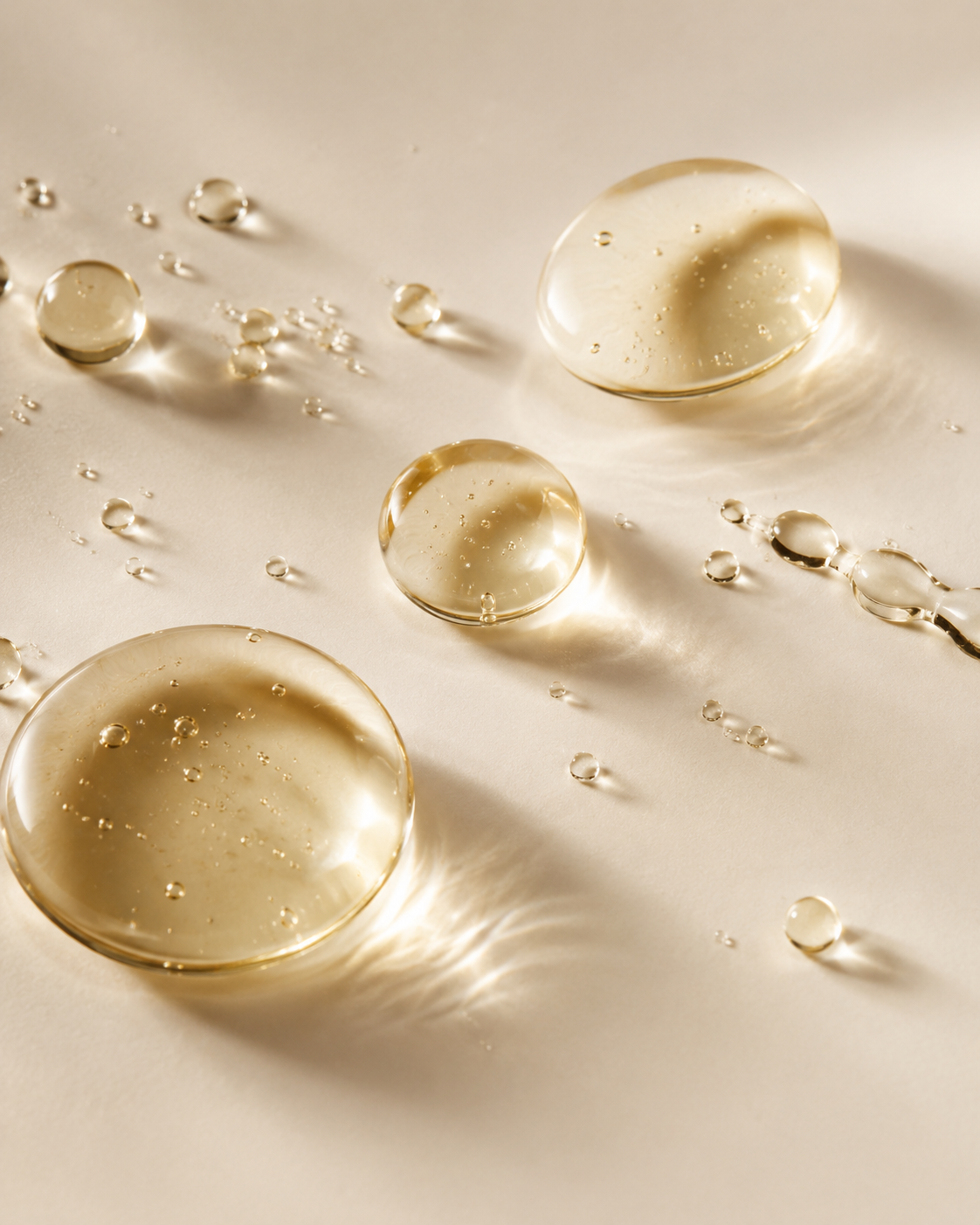 Golden drops of vitamin E oil in warm light